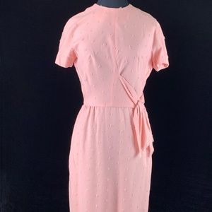 1960s Mr Mort Pink Wool Chenille Sheath Dress Asymmetric Waist Tie Short Sleeve